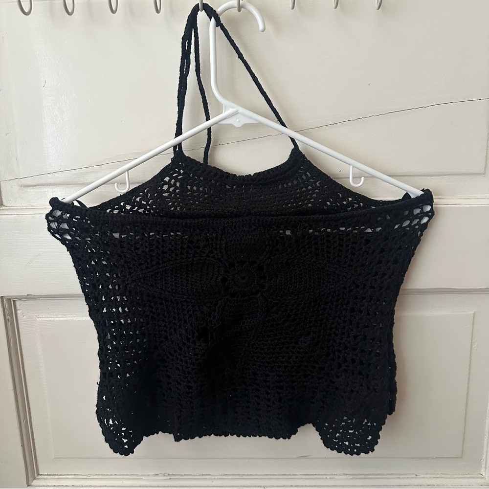 Vintage 90's Le Chateau Crochet Knit Lace Halter Top Ramie Cotton Blend Black - Picture 9 of 9